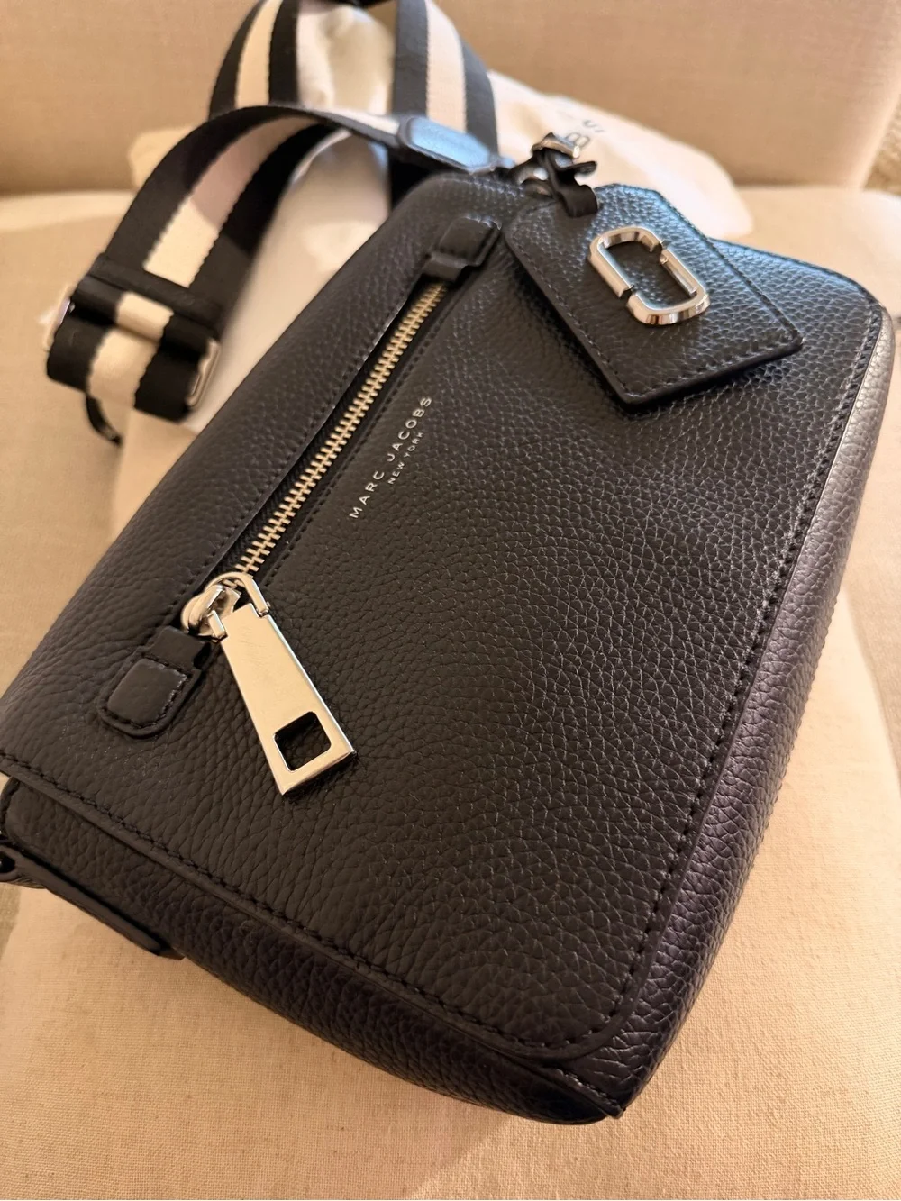 Marc Jacobs Black Leather Messenger Bag with Striped Strap